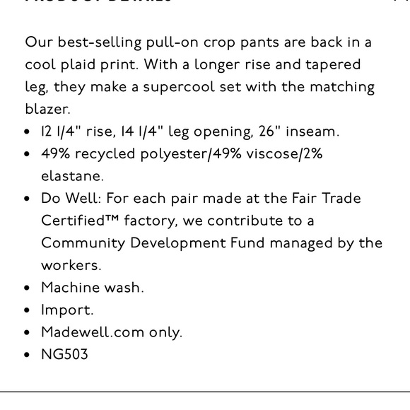 NWT Madewell Huston Tapered Cuffed Pull On Pants - Picture 4 of 9